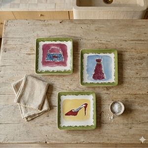 Vintage Pier 1 Fashion Illustration Square Appetizer Plates - Set of 3 - Rare